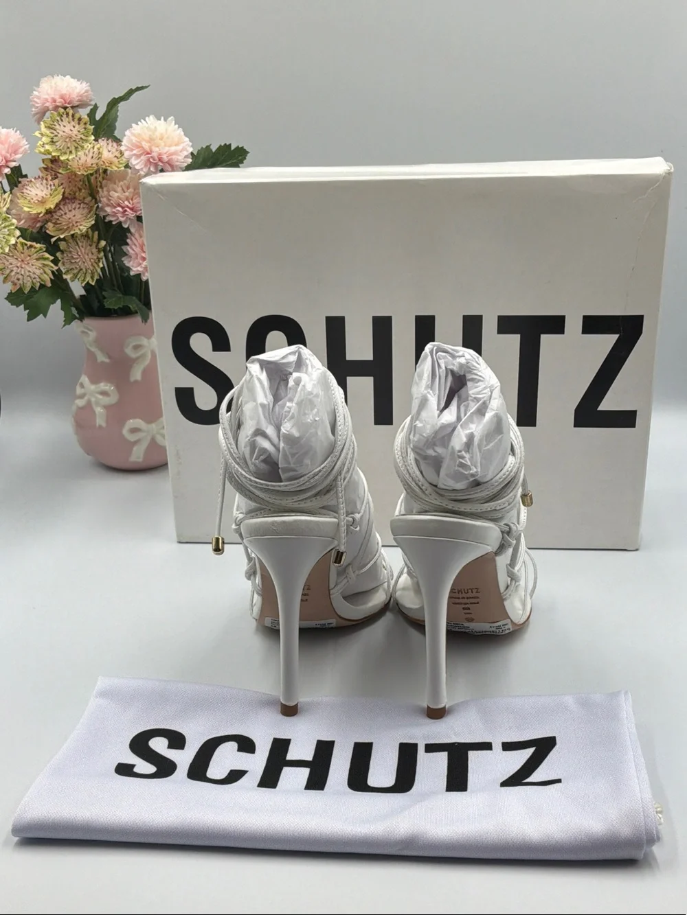 SCHUTZ White Strappy Pointed-Toe Stiletto Sandals with Gold Toe Accent